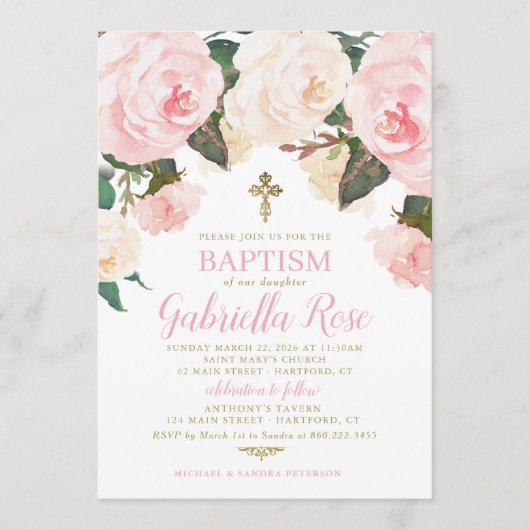 Invitation de baptême | Fleurs roses dorées (Devant)
