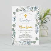 Invitation de baptême floral bleu poussiéreux en e (Debout devant)