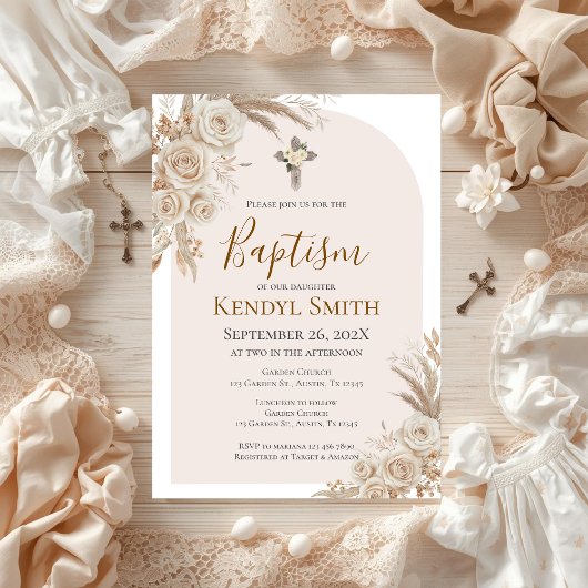 Invitation de baptême floral bohème