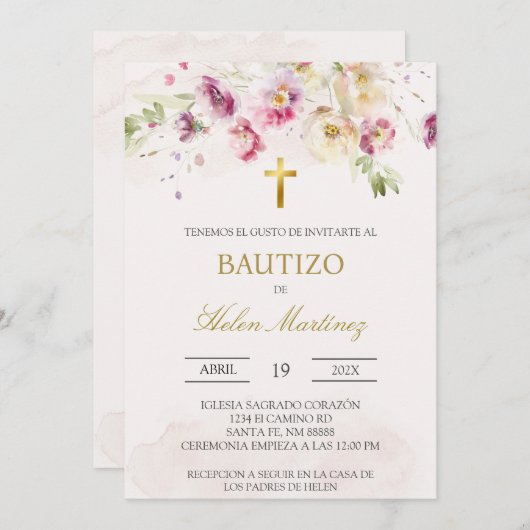 Invitation de baptême floral de printemps espagnol (Devant / Derrière)