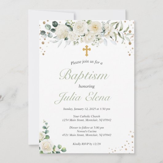 Invitation de baptême floral vert (Devant)