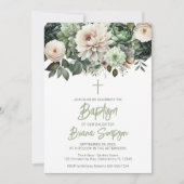Invitation de baptême floral vert sauge (Devant)