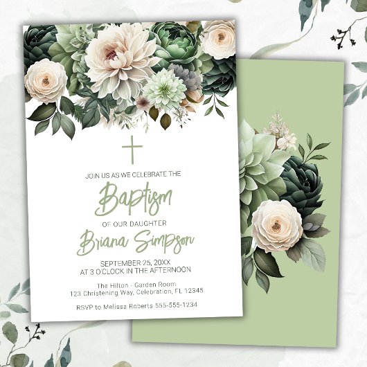 Invitation de baptême floral vert sauge