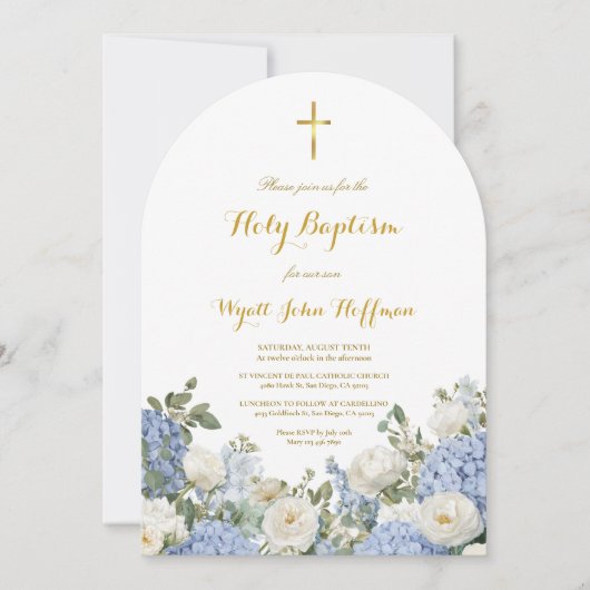 Invitation de baptême florale à l'aquarelle bleu p (Devant)