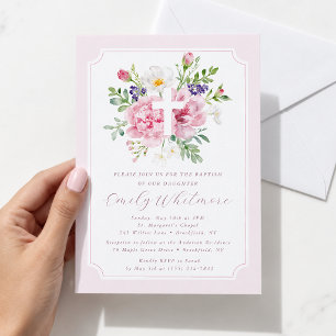 Invitation de baptême florale aquarelle rose pour 
