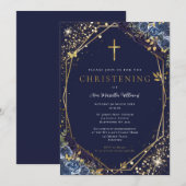 Invitation de baptême florale bleue (Devant / Derrière)