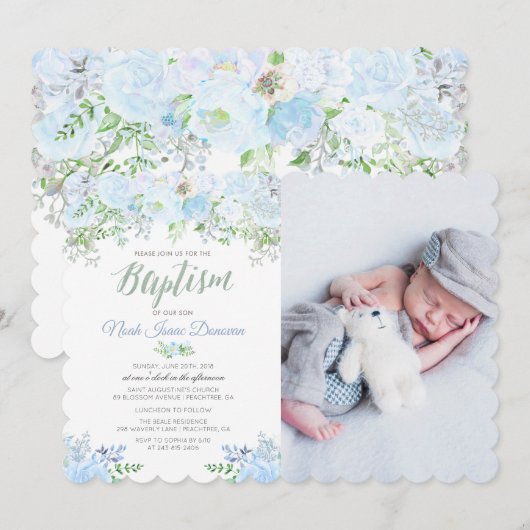 Invitation de baptême florale bleue (Devant / Derrière)