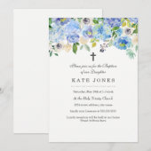 Invitation de baptême florale bleue douce (Devant / Derrière)