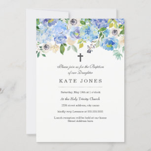 Invitation de baptême florale bleue douce