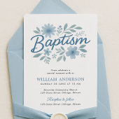 Invitation de baptême florale bleue pour bébé garç