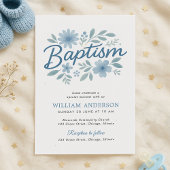 Invitation de baptême florale bleue pour bébé garç