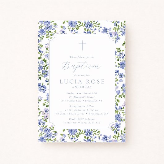 Invitation de baptême florale bleue pour fille