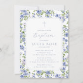 Invitation de baptême florale bleue pour fille (Devant)