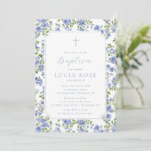 Invitation de baptême florale bleue pour fille (Debout devant)