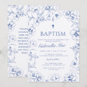 Invitation de baptême florale bleue traditionnelle (Devant / Derrière)
