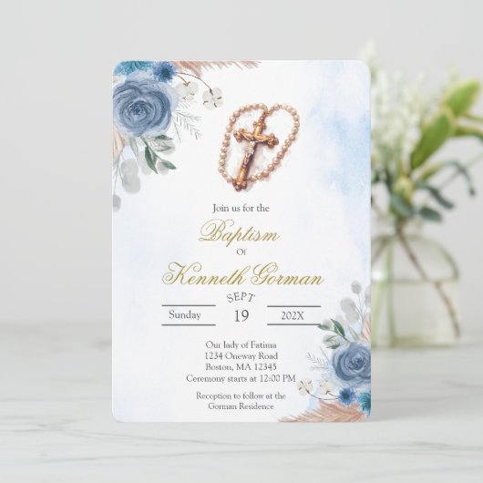 Invitation de baptême florale boho bleu Crucifix (Debout devant)