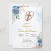 Invitation de baptême florale boho bleu Crucifix (Devant)
