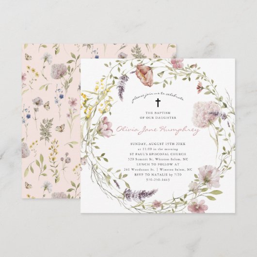 Invitation de baptême florale de printemps-été à f (Devant / Derrière)