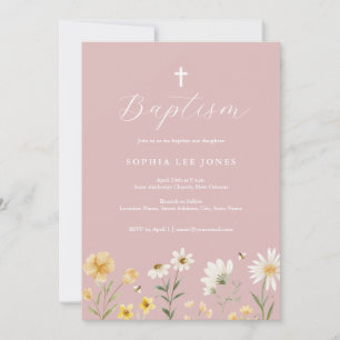 Invitation de baptême florale de printemps jaune r