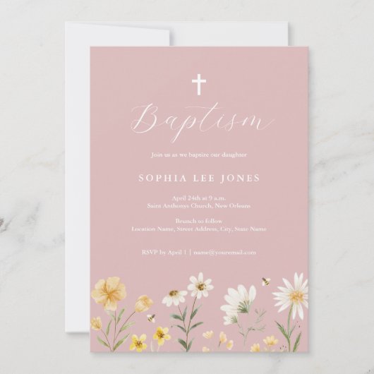 Invitation de baptême florale de printemps jaune r (Devant)