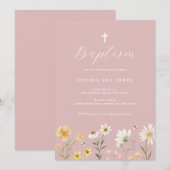 Invitation de baptême florale de printemps jaune r (Devant / Derrière)