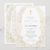Invitation de baptême florale dorée (Devant / Derrière)
