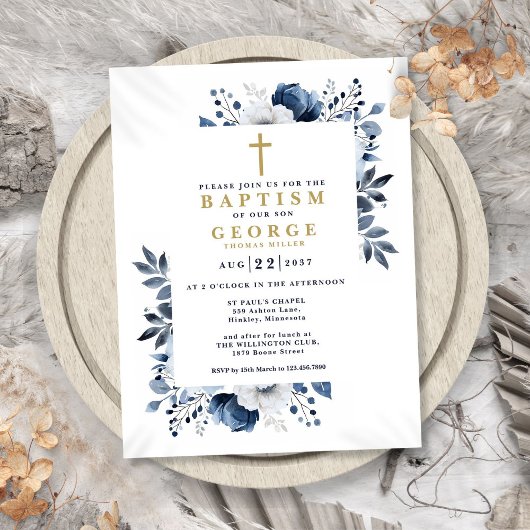 Invitation de baptême florale moderne élégante ble