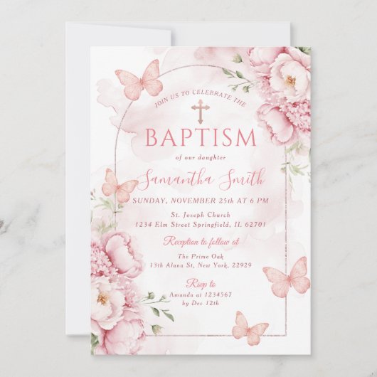 Invitation de baptême florale rose avec papillons (Devant)
