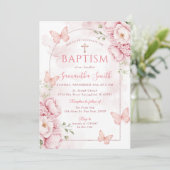 Invitation de baptême florale rose avec papillons (Debout devant)