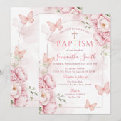 Invitation de baptême florale rose avec papillons (Devant / Derrière)