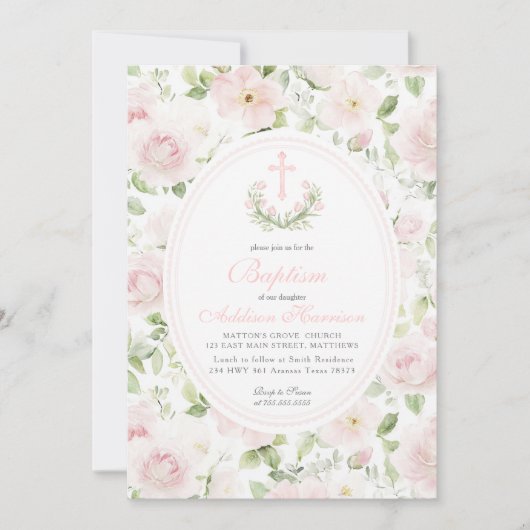 Invitation de baptême florale rose, baptême de fil (Devant)