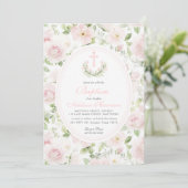 Invitation de baptême florale rose, baptême de fil (Debout devant)