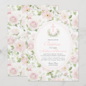 Invitation de baptême florale rose, baptême de fil (Devant / Derrière)