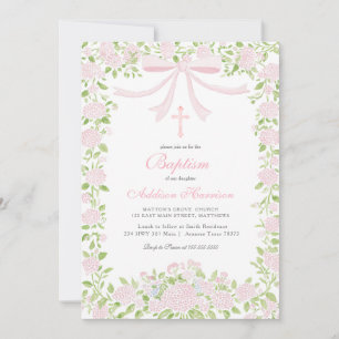 Invitation de baptême florale rose, baptême de fil