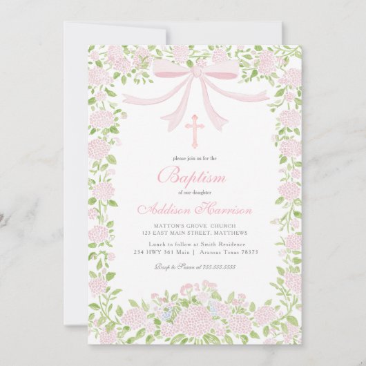 Invitation de baptême florale rose, baptême de fil (Devant)