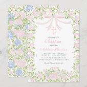 Invitation de baptême florale rose, baptême de fil (Devant / Derrière)
