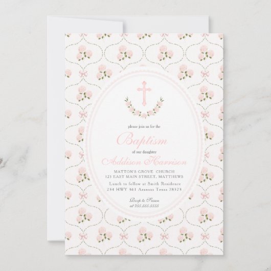 Invitation de baptême florale rose, baptême de fil (Devant)