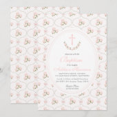 Invitation de baptême florale rose, baptême de fil (Devant / Derrière)