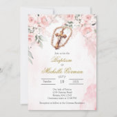 Invitation de baptême florale rose croix (Devant)