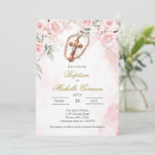 Invitation de baptême florale rose croix (Debout devant)