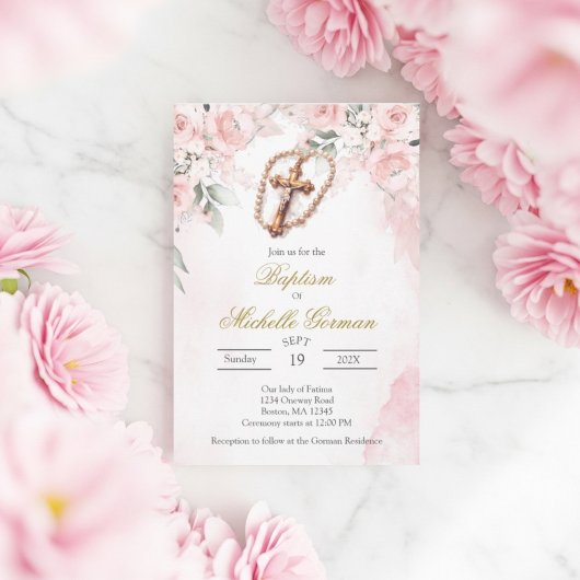 Invitation de baptême florale rose croix