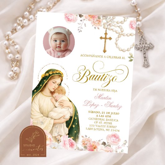 Invitation de baptême Florale Rose de Notre-Dame d