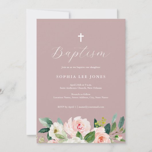 Invitation de baptême florale rose poussiéreuse (Devant)