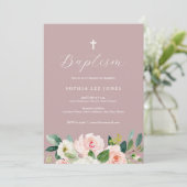Invitation de baptême florale rose poussiéreuse (Debout devant)