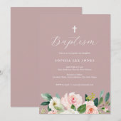 Invitation de baptême florale rose poussiéreuse (Devant / Derrière)