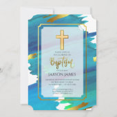 Invitation de baptême garçon aquarelle bleu vert (Devant)