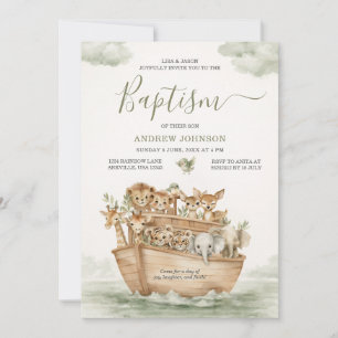 Invitation de baptême garçon Arche de Noé vert sau