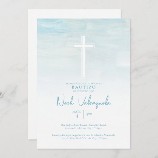 Invitation de Baptême Garçon Bleu (Devant / Derrière)