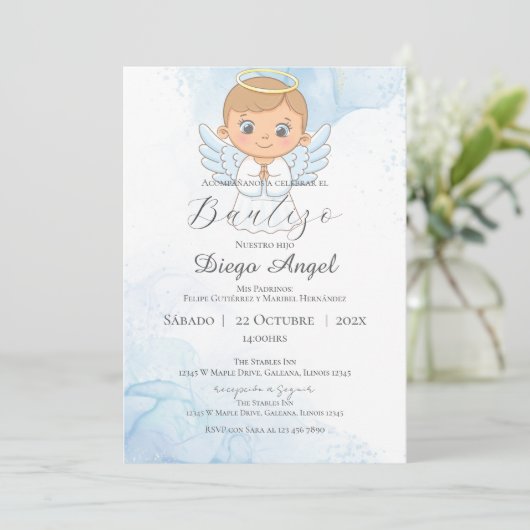 Invitation de baptême garçon en espagnol Boho (Debout devant)