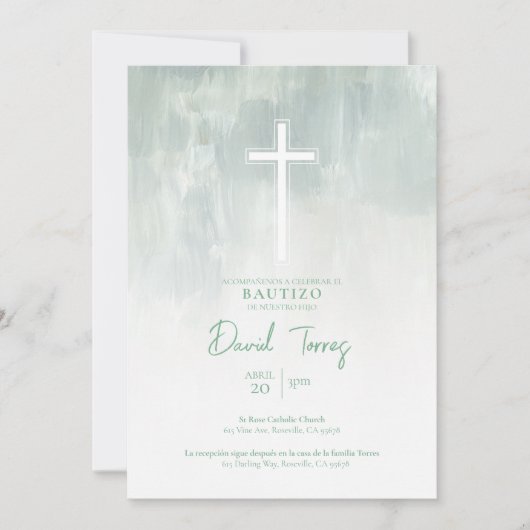 Invitation de Baptême Garçon Verte Invitation Espa (Devant)